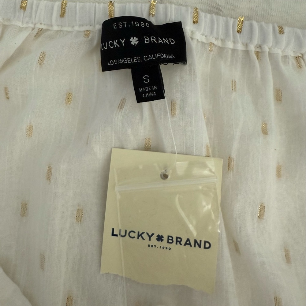 LUCKY BRAND NWT IVORY GOLD METALLIC OFF SHOULDER PEASANT BLOUSE SIZE S BOHO - Picture 11 of 11